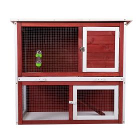 Wood Rabbit Hutch, Pet Playpen with 2 Stories, Ramp, Doors, Pull-out Tray, Water Bottle, Outdoor Enclosure for Small Animals Bunnies, Red and Whi