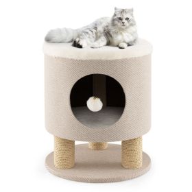3-in-1 Cat Condo Stool Kitty Bed with Scratching Posts and Plush Ball Toy (Color: Beige)